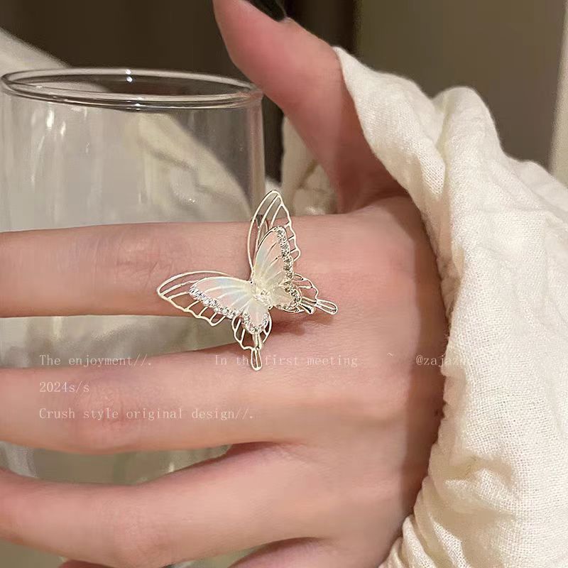 漸變色蝴蝶鋯石戒指女新中式甜美百搭指環氣質高級感可調節食指戒 J950銀A/開口可調節