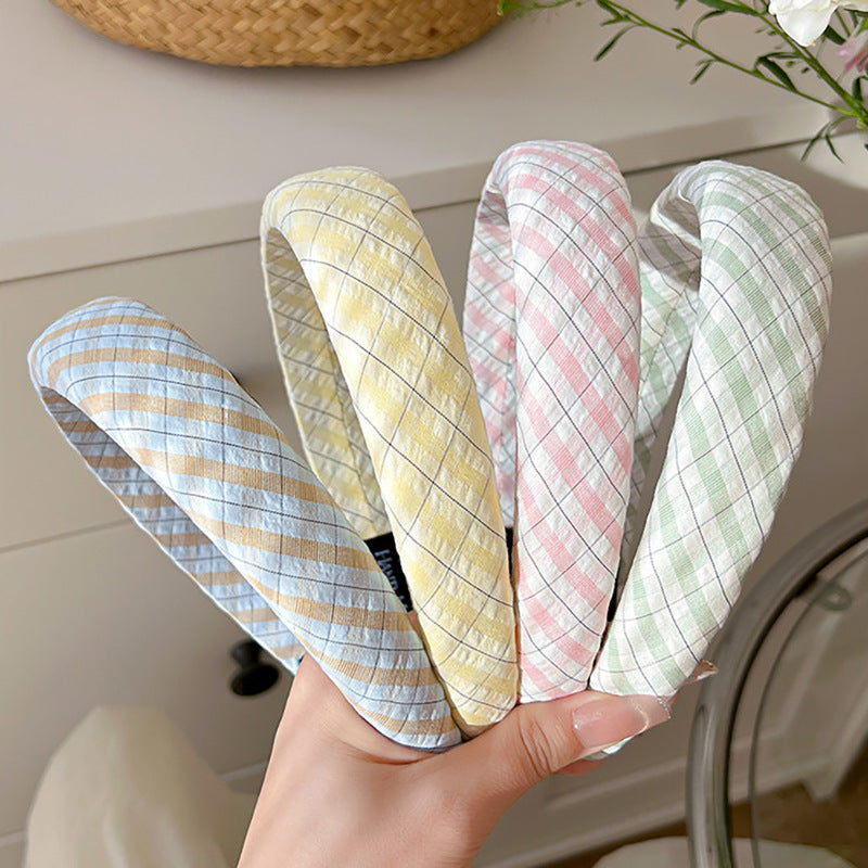 布面格紋髮箍－黃色款實拍｜https://igowo.tw/