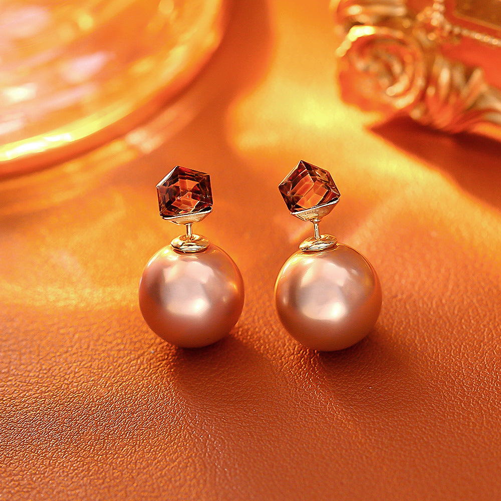 S925棕色珍珠方形兩用耳釘