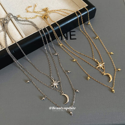 星星鑲鑽項鍊三件組－項鍊-銀色（三件套）款實拍｜https://igowo.tw/