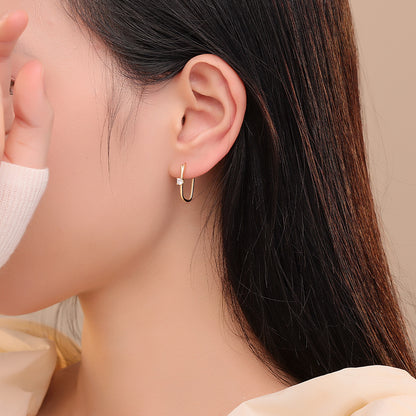 S925 光面單鑽U形耳環歐美輕奢風時尚個性百搭鍍K金養耳洞耳扣