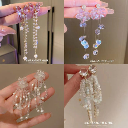 銀針鑲鉆蝴蝶花朵長款流蘇耳環時尚氣質高級感耳墜百搭耳飾女
