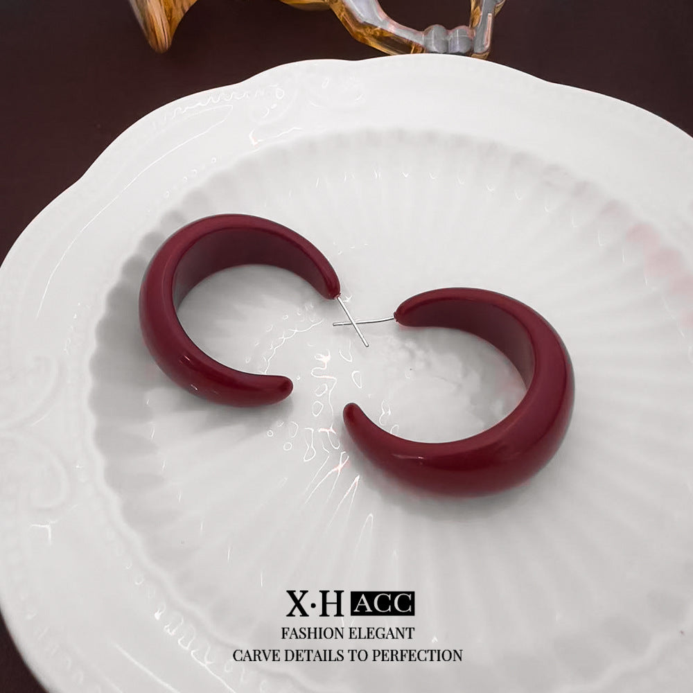 棕色C形素圈復古耳釘