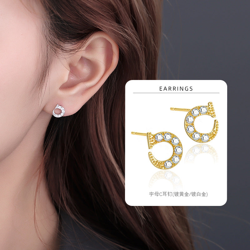 S925 鑲鑽圓形半圓釘子耳釘日韓時尚個性鍍K金輕奢女ins風耳環