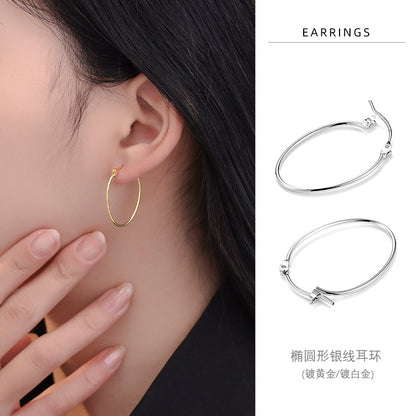 S925 橢圓形線耳環日韓簡約個性氣質鍍K金輕奢女款ins風耳飾