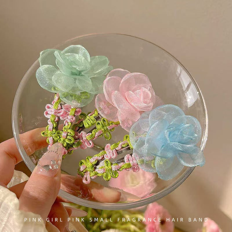 粉色網紗花朵髮夾－藍色1個款實拍｜https://igowo.tw/