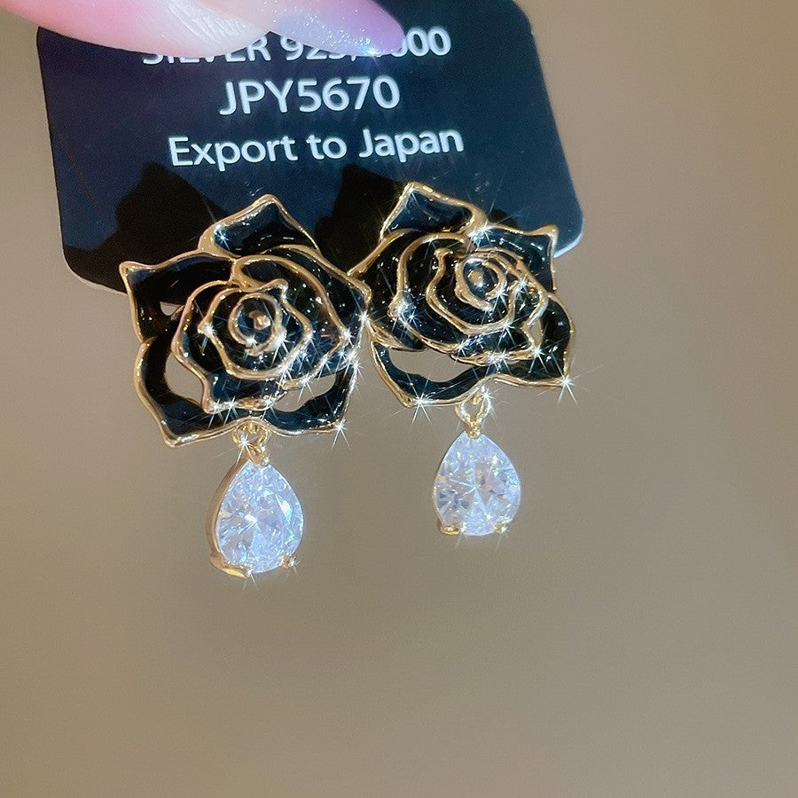 銀針玻璃珠不規則褶皺幾何耳環黑色系氣質高級感耳釘輕奢百搭耳飾