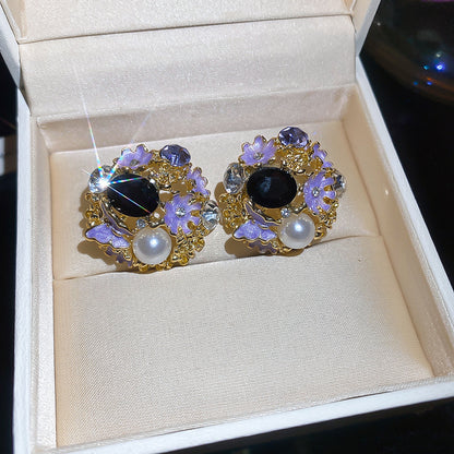中古vintage銀針滴油鑲鉆珍珠花朵耳釘宮廷風耳環輕奢高級感耳飾