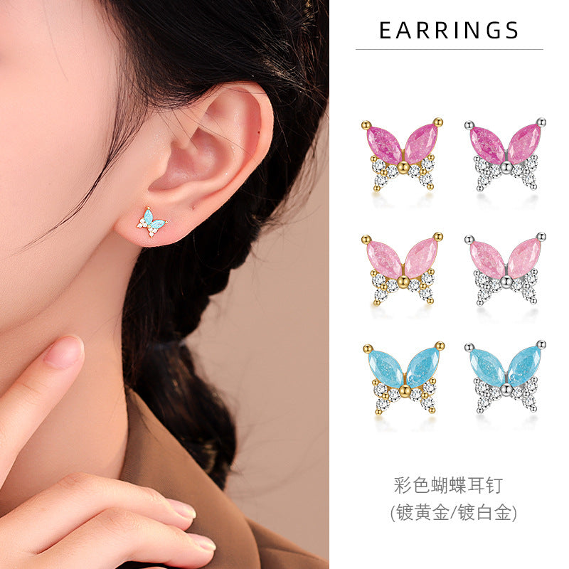 S925 微鑲彩鋯蝴蝶耳釘2025新小眾設計獨特輕奢高級感耳飾
