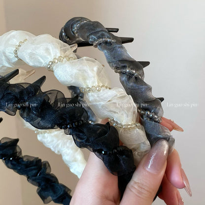 珍珠網紗纏繞髮箍－灰色款細節｜https://igowo.tw/