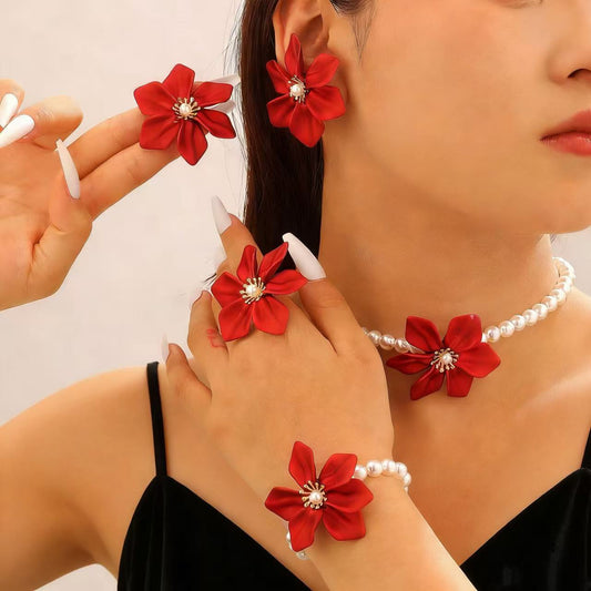珍珠花朵項鍊耳環組－商品主圖｜https://igowo.tw/