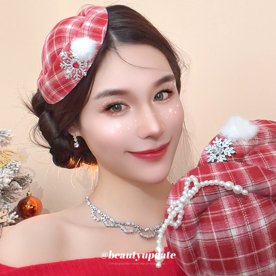 圣誕節氛圍感紅色格紋帽子發夾秋冬甜美時尚鴨嘴夾輕奢高級感發飾