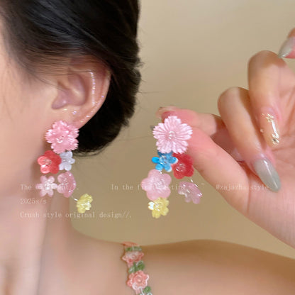 銀針彩色串珠花朵耳釘多巴胺甜美森系耳環小清新度假風耳飾批發女