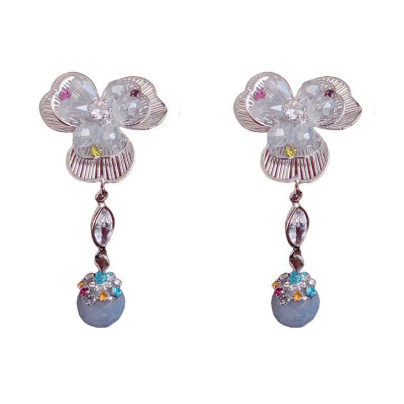 水晶金屬花朵流蘇耳墜