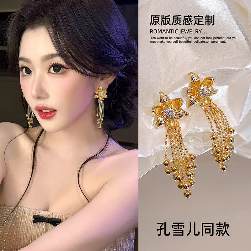 18k真金電鍍鋯石花朵流蘇耳釘輕奢高級感耳環精致時尚宴會耳飾女