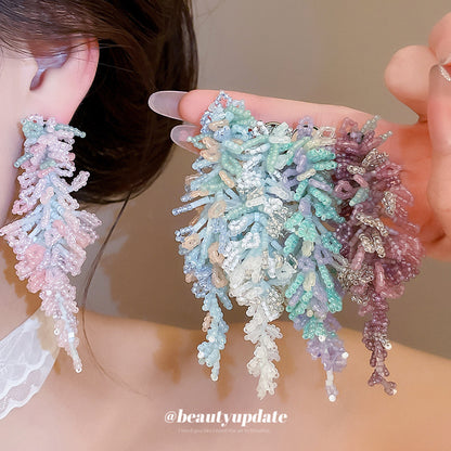 銀針水晶串珠流蘇手工編織耳環清新甜美度假風耳釘小眾高級感耳飾