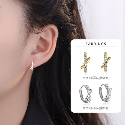 S925 微鑲鋯石交叉X形耳環女ins冷淡風時尚百搭高級感耳圈耳扣