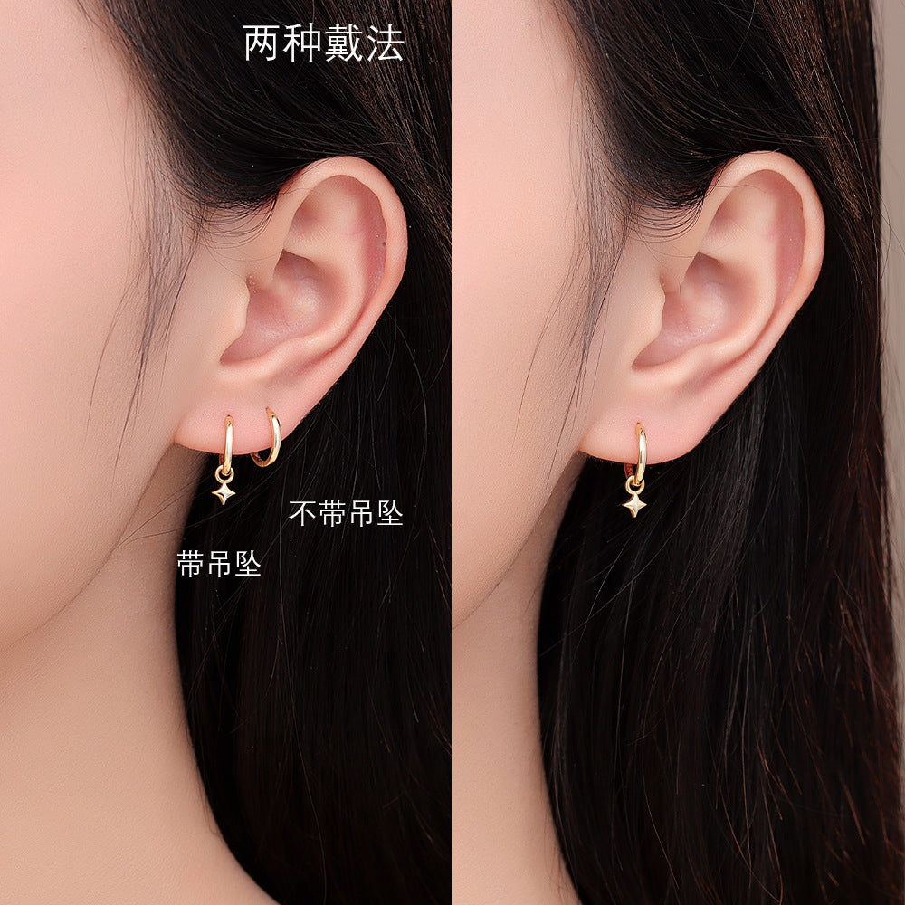 S925 光面四芒星吊墜耳扣女韓版時尚輕奢小眾設計睡覺免摘耳環