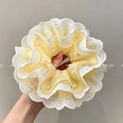 珍珠大腸圈雙層髮圈－雙層黃色條紋髮圈款細節4｜https://igowo.tw/