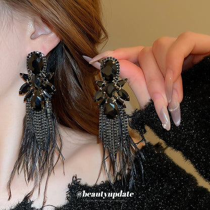 銀針暗黑風鑲鉆花朵羽毛耳環個性設計長款流蘇耳墜歐美甜酷風耳飾