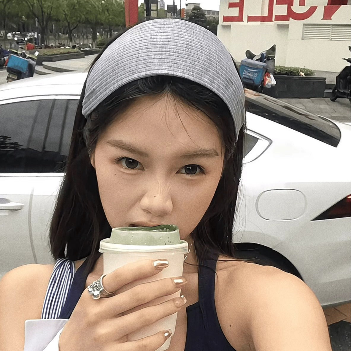 格紋簡約髮箍－米白色款細節｜https://igowo.tw/