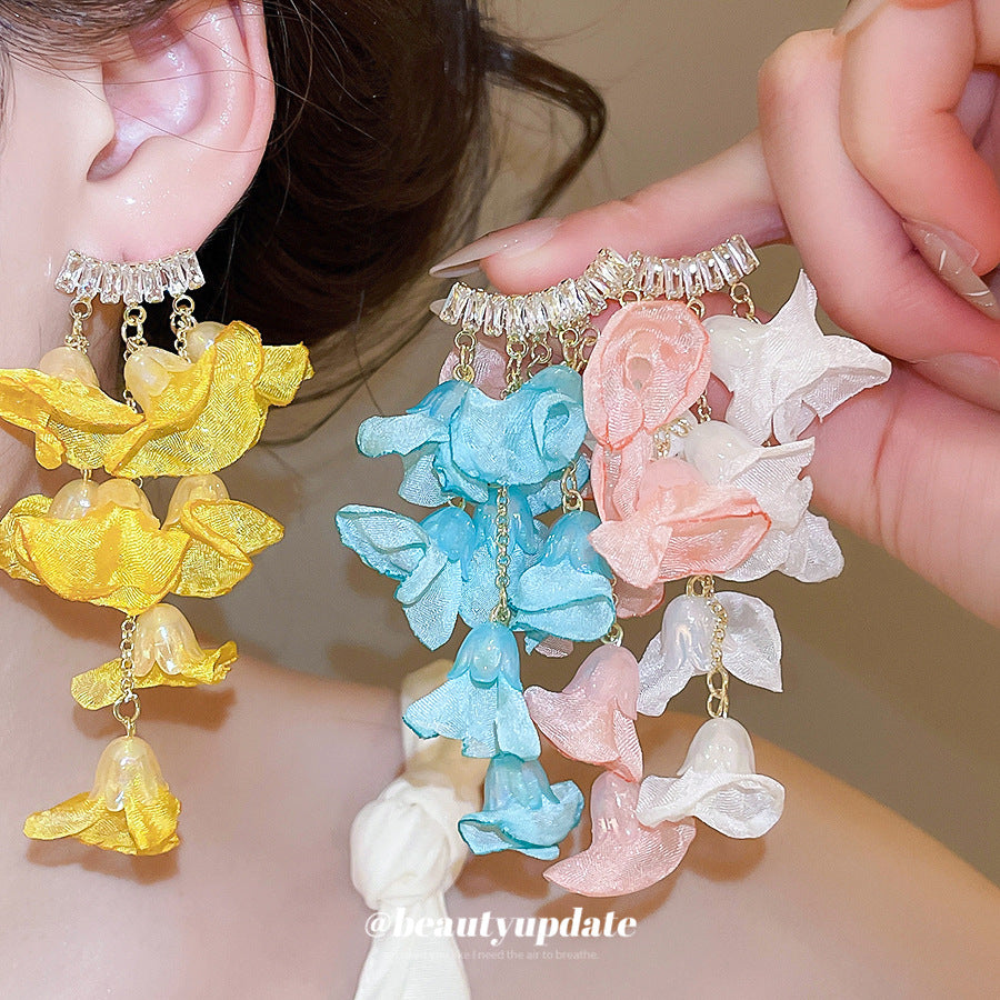 夏日限定~銀針鋯石雪紡花耳釘甜美度假風耳環超仙設計感時尚耳飾