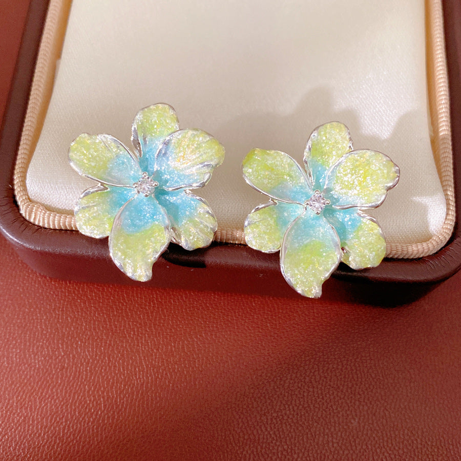 粉色琺瑯鋯石花朵耳釘