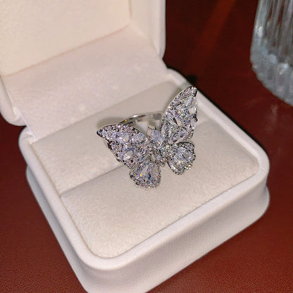鋯石蝴蝶花朵鏤空戒指－2#鋯石蝴蝶戒指款實拍｜https://igowo.tw/