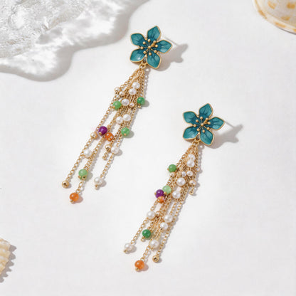 琺瑯珍珠花朵流蘇耳釘