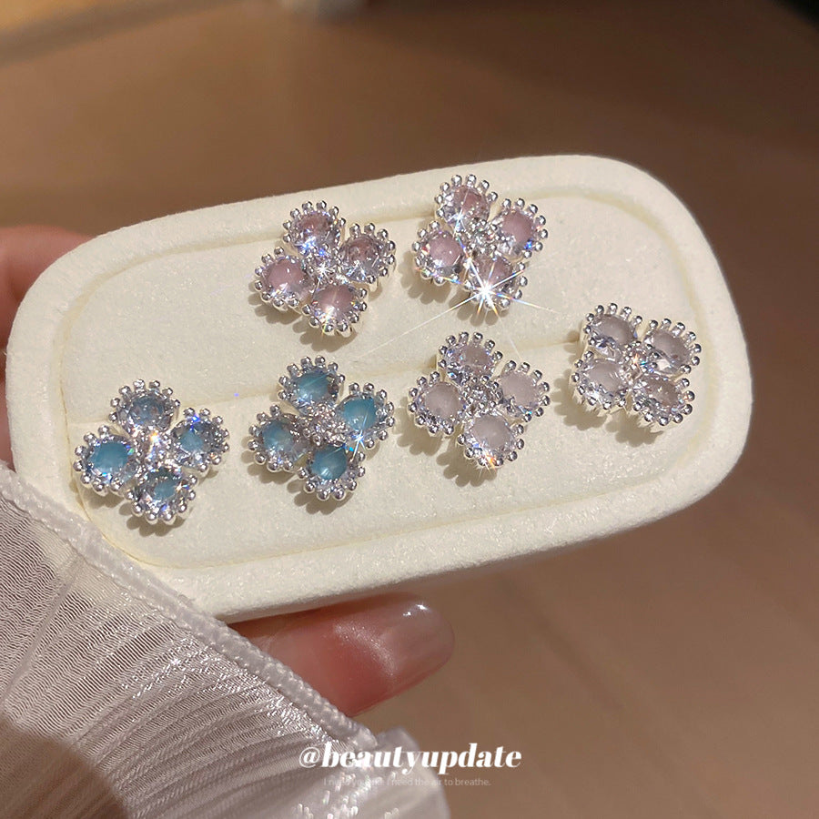銀針小清新鋯石菱形花朵耳釘精致小巧甜美優雅耳環輕奢高級感耳飾