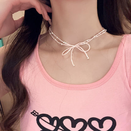 珍珠蝴蝶結鑲鑽項鍊－40#項鍊-白色款細節｜https://igowo.tw/