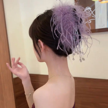 羽毛流蘇亞克力鑲鉆玻璃抓夾發夾大號發量多盤發鯊魚夾高級感發絲