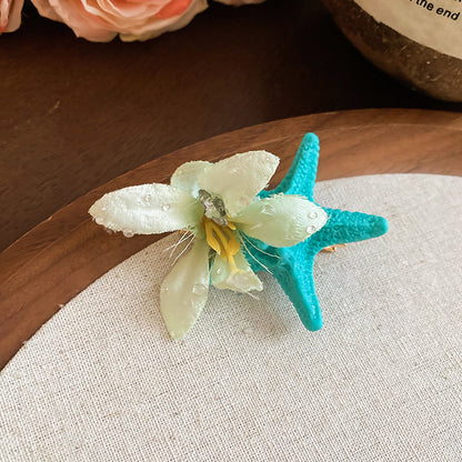 布藝花朵拉菲草海星側邊發夾海邊度假風鴨嘴夾時尚高級感發飾批發