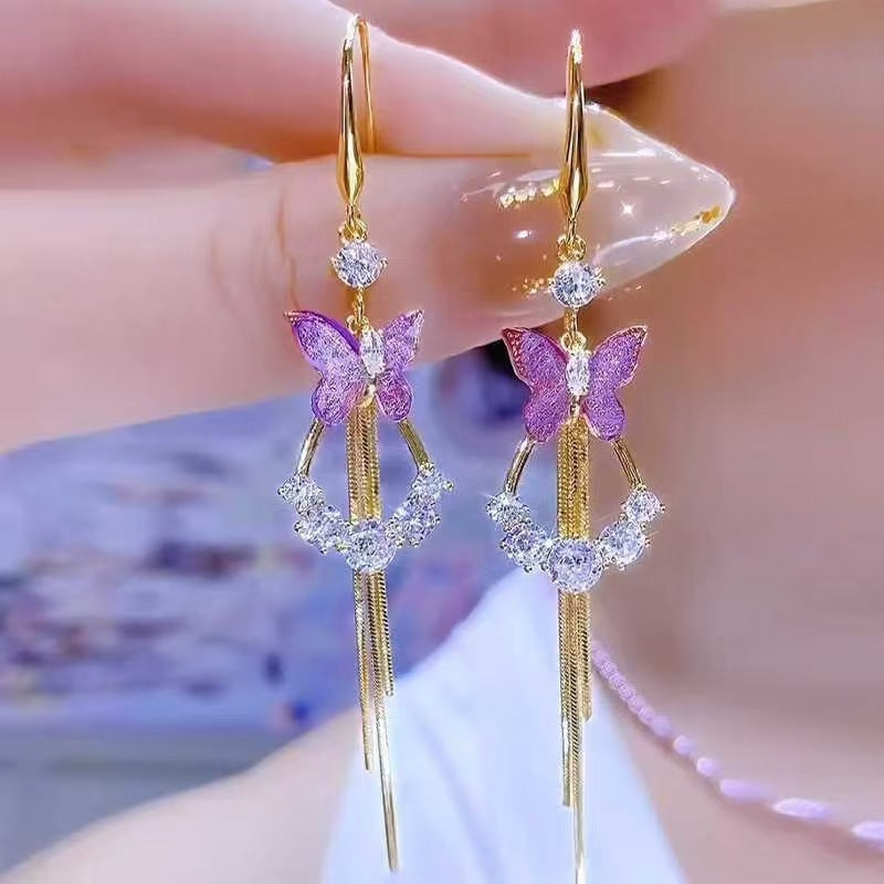 貓眼石花朵流蘇耳環－紫色花朵耳釘款實拍｜https://igowo.tw/