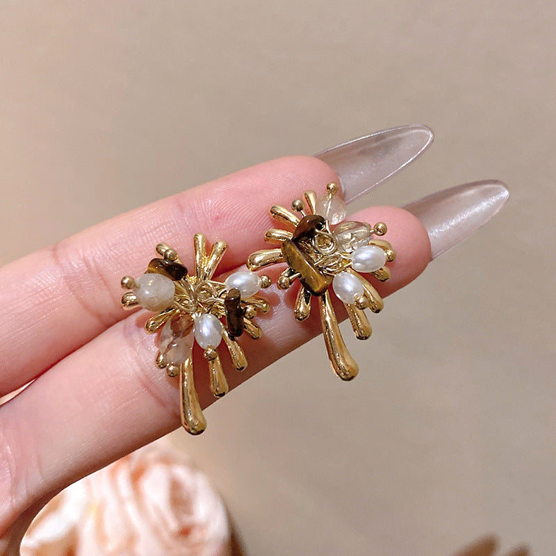 煙花不規則虎眼石珍珠耳環