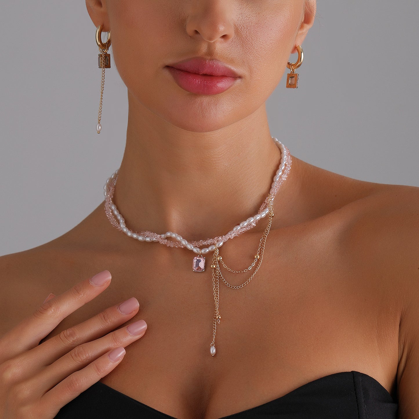 水晶方形流蘇項鍊套組－商品主圖｜https://igowo.tw/