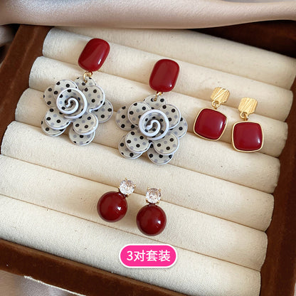銀針安克拉紅滴油愛心珍珠耳釘套裝復古氣質耳環輕奢高級感耳飾女