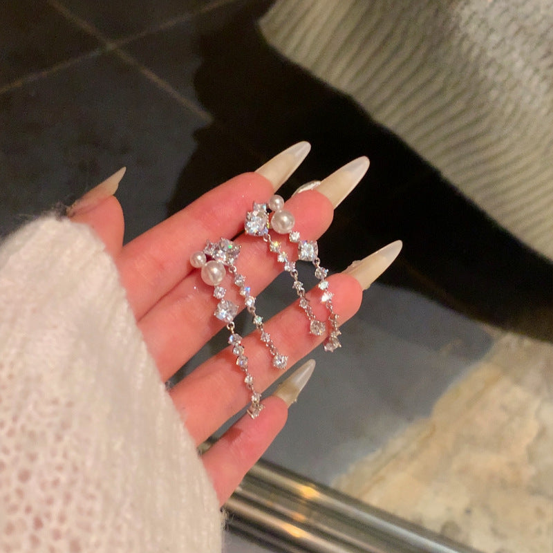 銀針鋯石圓形流蘇珍珠耳釘法式氣質優雅小眾耳環輕奢高級感耳飾女