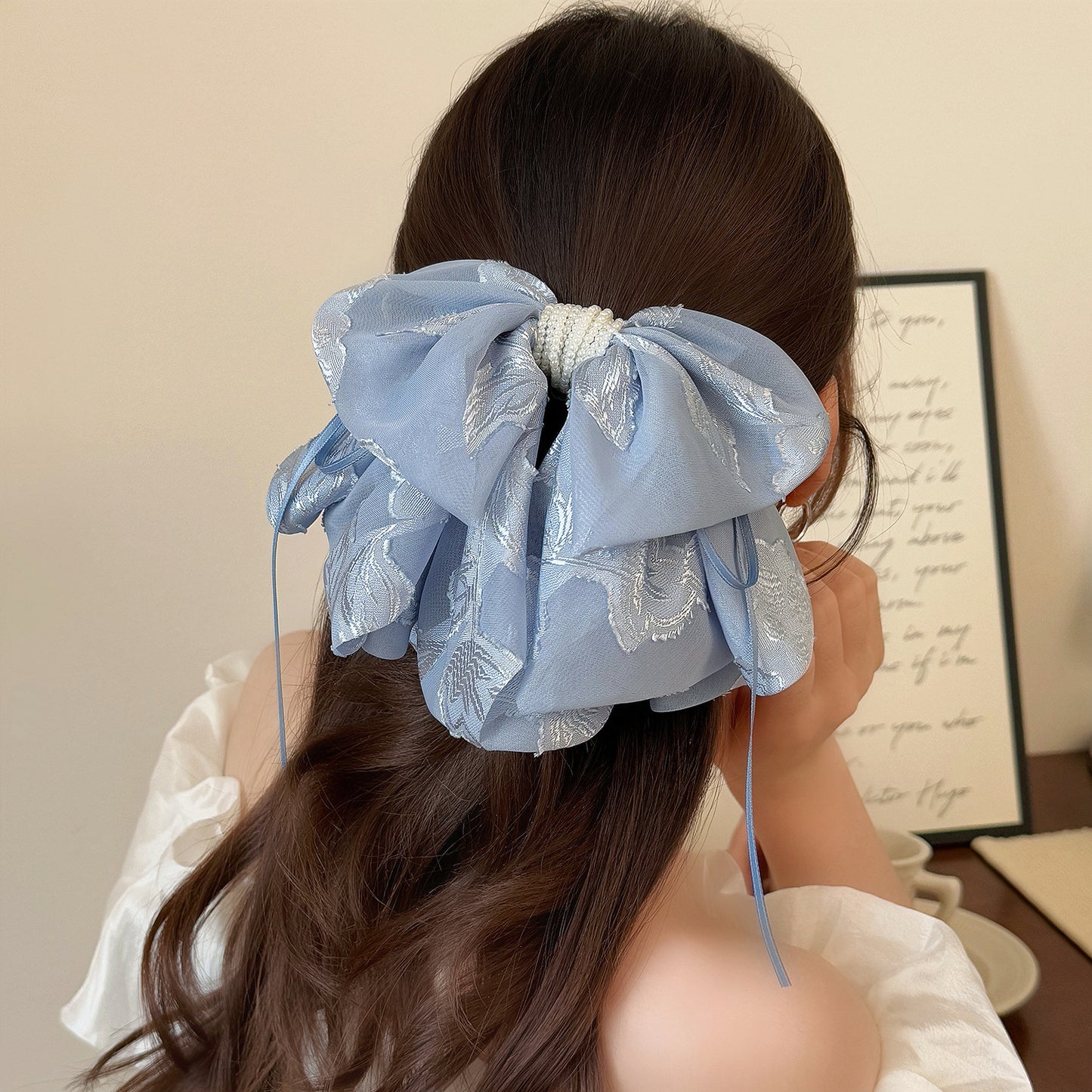 蝴蝶結刺繡髮夾－米白網紗款實拍｜https://igowo.tw/