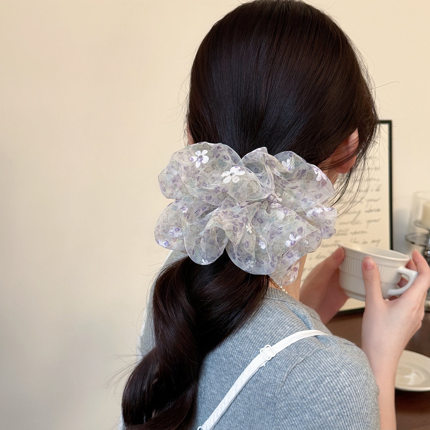 網紗碎花大腸圈髮圈－紫印花網紗款細節｜https://igowo.tw/