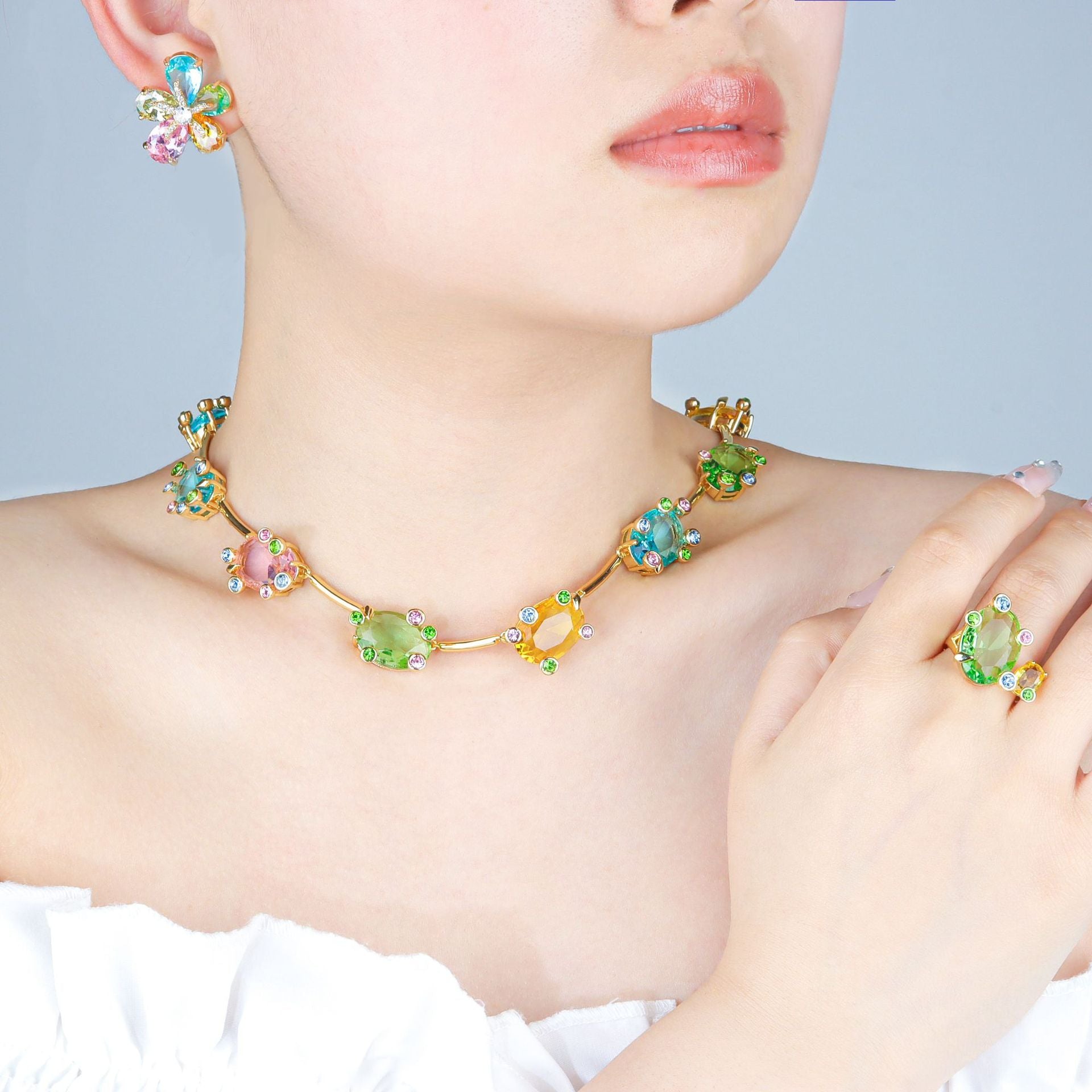 水晶花朵項鍊耳環組－彩色-耳環款實拍｜https://igowo.tw/