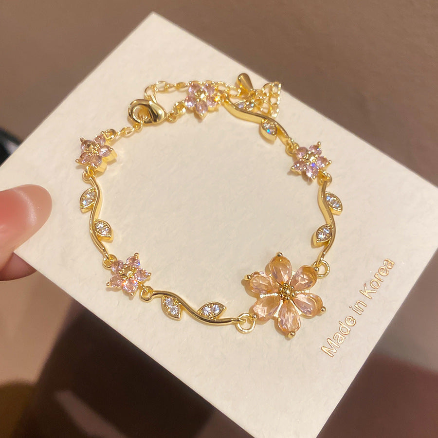 18k真金電鍍鋯石花朵手鏈精致優雅甜美百搭手環輕奢高級感手飾女