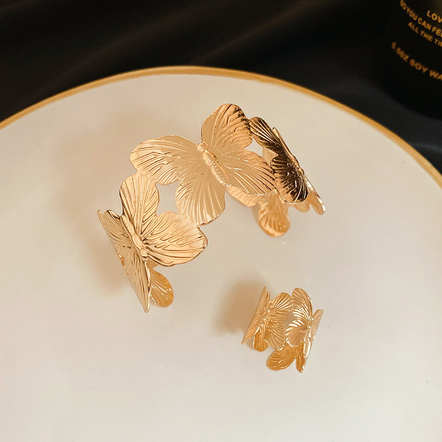 歐美金屬紋路樹葉開口手鐲戒指套裝輕奢高級感手環簡約百搭手飾女