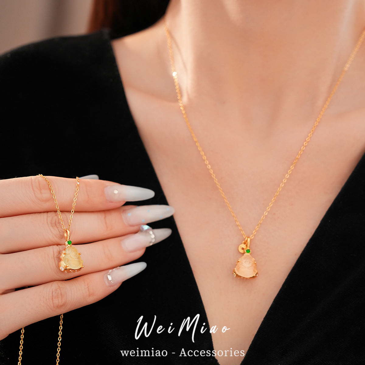 金色鋯石樹脂復古項鍊－第二視角實拍｜https://igowo.tw/