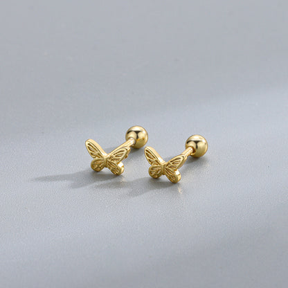 S925 鏤空蝴蝶螺絲針擰扣耳釘日韓森系氣質鍍K金輕奢女款ins風
