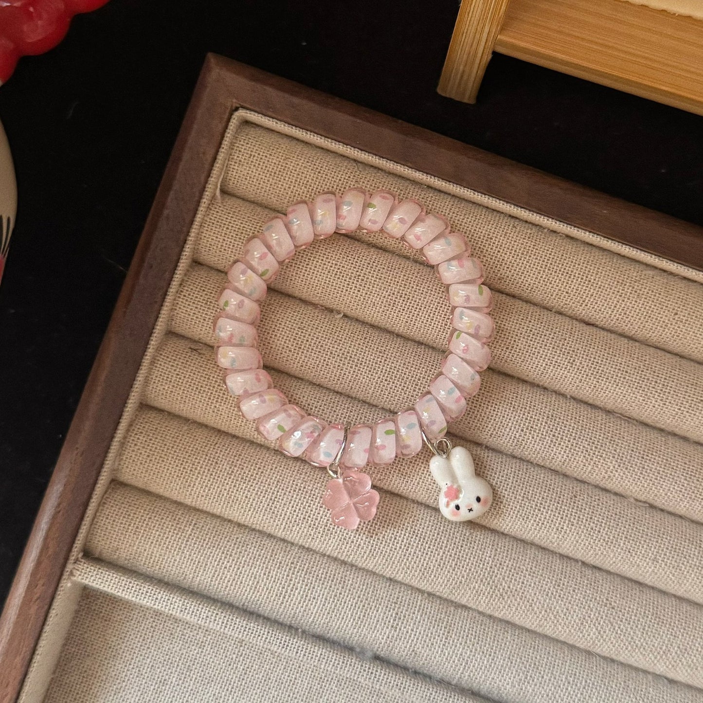 粉色兔子花朵髮圈