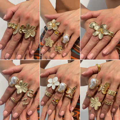 珍珠花朵可調式戒指－第二視角實拍｜https://igowo.tw/