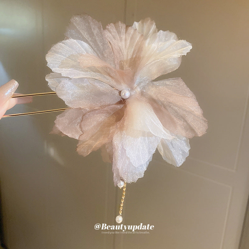 珍珠布面花朵流蘇髮簪－髮簪-藍色款實拍｜https://igowo.tw/