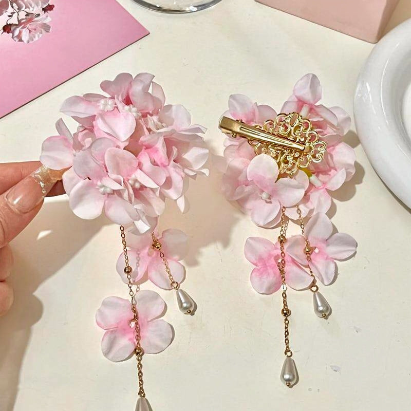 春夏甜美風布藝花朵流蘇珍珠發夾高級感精致鴨嘴夾時尚精致發飾女