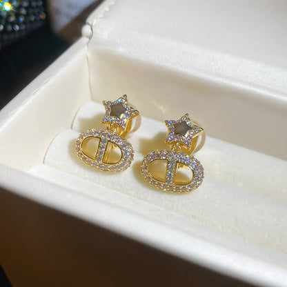 耳夾~18k真金電鍍鋯石星星豬鼻子耳釘通勤輕奢高級感無耳洞耳飾女
